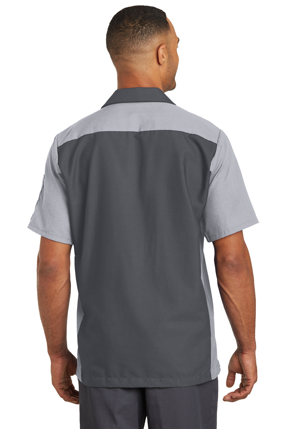 Red Kap SY20 Mens Crew Moisture Wicking Short Sleeve Button Down Shirt w/ Double Pockets Charcoal Grey/Light Grey Model Back