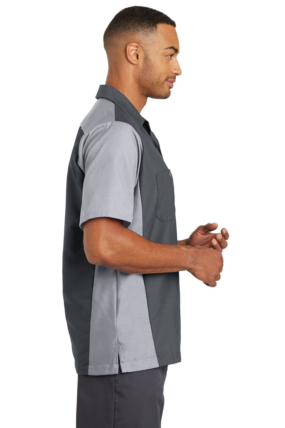 Red Kap SY20 Mens Crew Moisture Wicking Short Sleeve Button Down Shirt w/ Double Pockets Charcoal Grey/Light Grey Model Side
