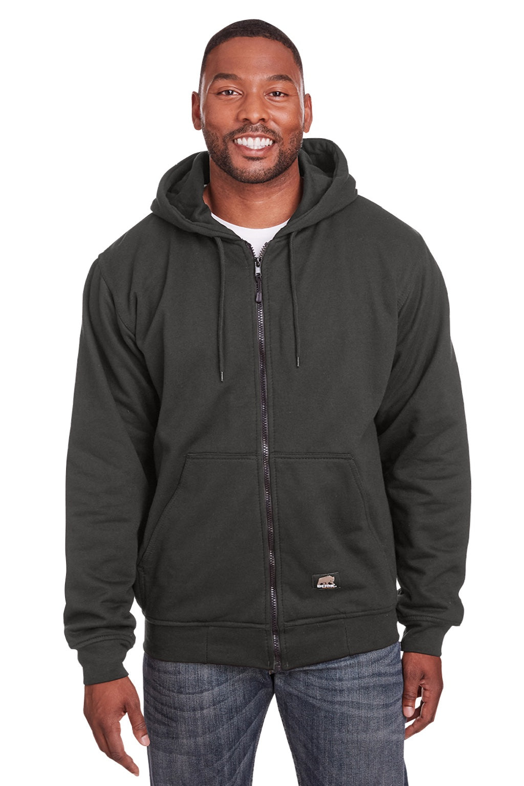 Berne SZ101 Mens Heritage Fleece Full Zip Hooded Sweatshirt Hoodie w/ Pockets Charcoal Grey Model Front