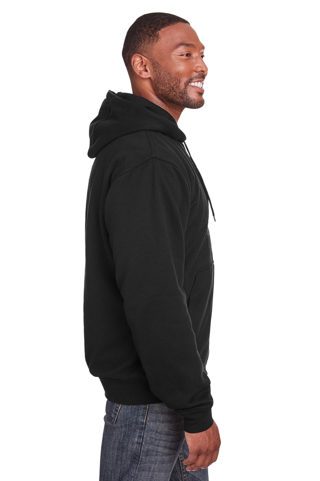 Berne SZ101 Mens Heritage Fleece Full Zip Hooded Sweatshirt Hoodie w/ Pockets Black Model Side