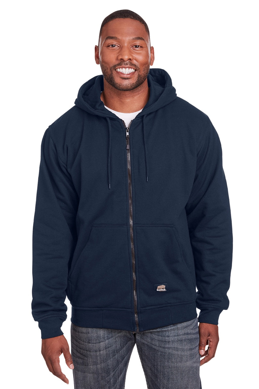 Berne SZ101 Mens Heritage Fleece Full Zip Hooded Sweatshirt Hoodie w/ Pockets Navy Blue Model Front