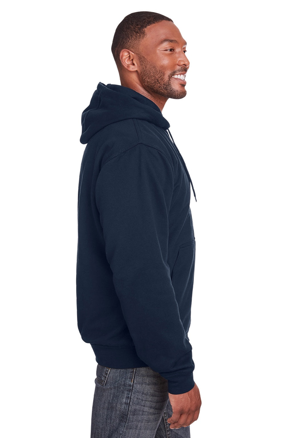 Berne SZ101 Mens Heritage Fleece Full Zip Hooded Sweatshirt Hoodie w/ Pockets Navy Blue Model Side