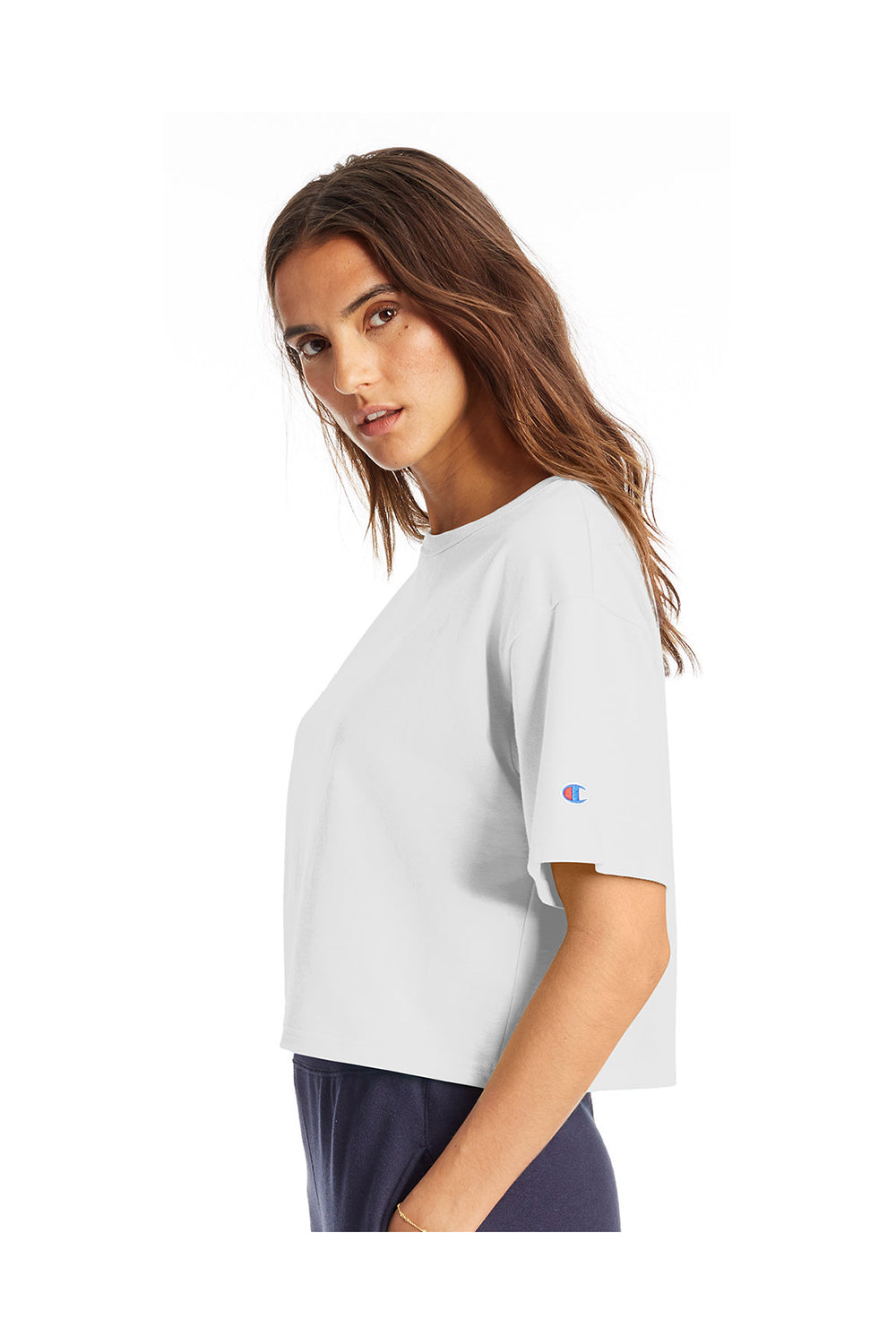 Champion T453W Womens Heritage Cropped Short Sleeve Crewneck T-Shirt White Model Side