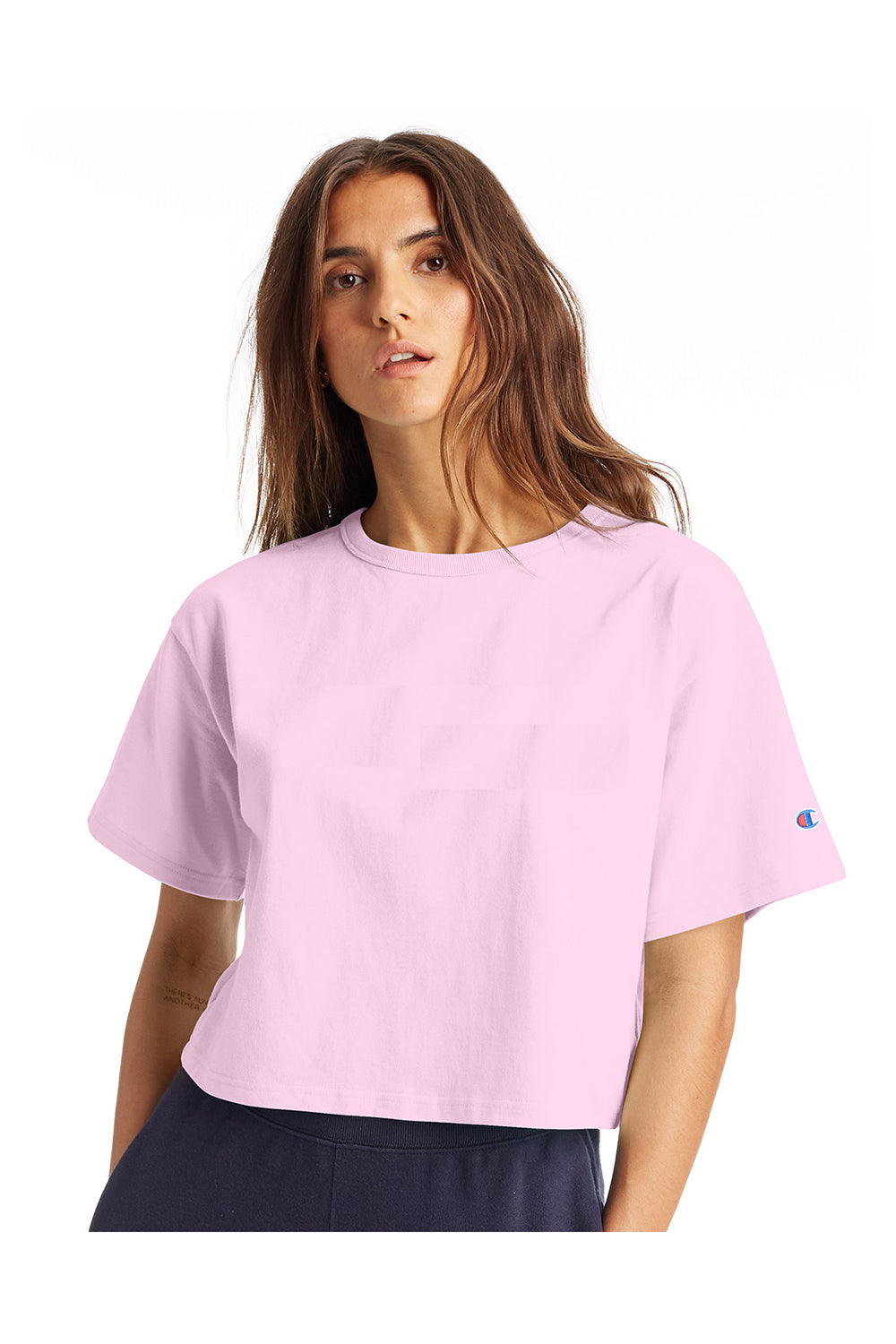 Champion T453W Womens Heritage Cropped Short Sleeve Crewneck T-Shirt Candy Pink Model Front