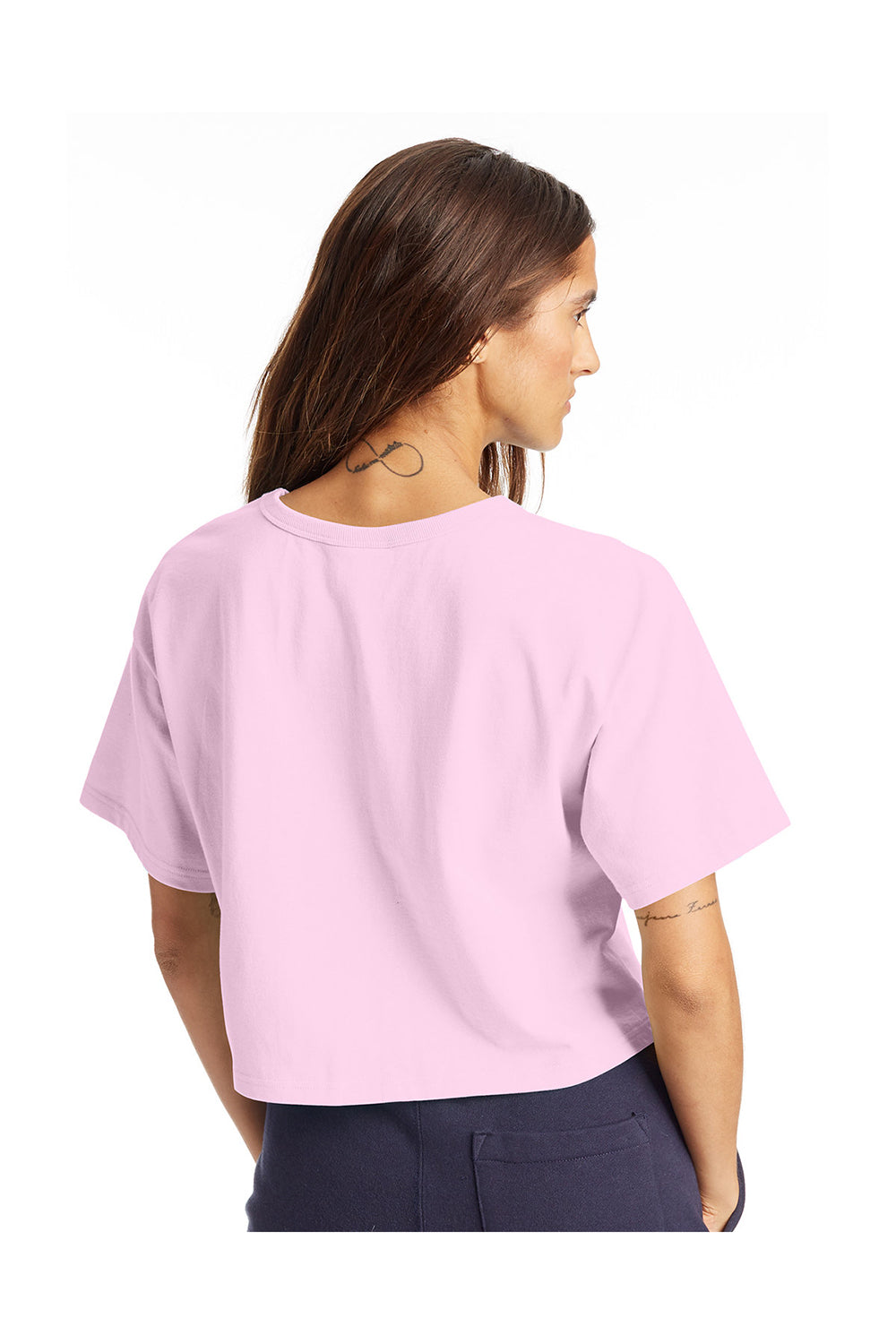 Champion T453W Womens Heritage Cropped Short Sleeve Crewneck T-Shirt Candy Pink Model Back