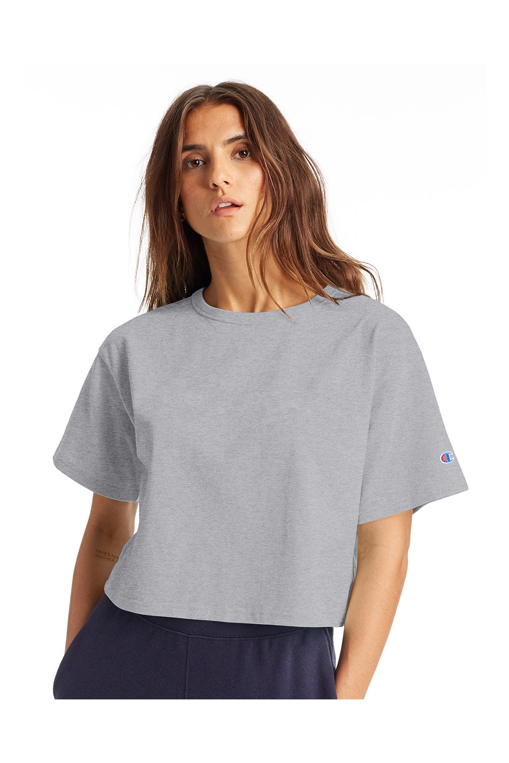 Champion T453W Womens Heritage Cropped Short Sleeve Crewneck T-Shirt Oxford Grey Model Front