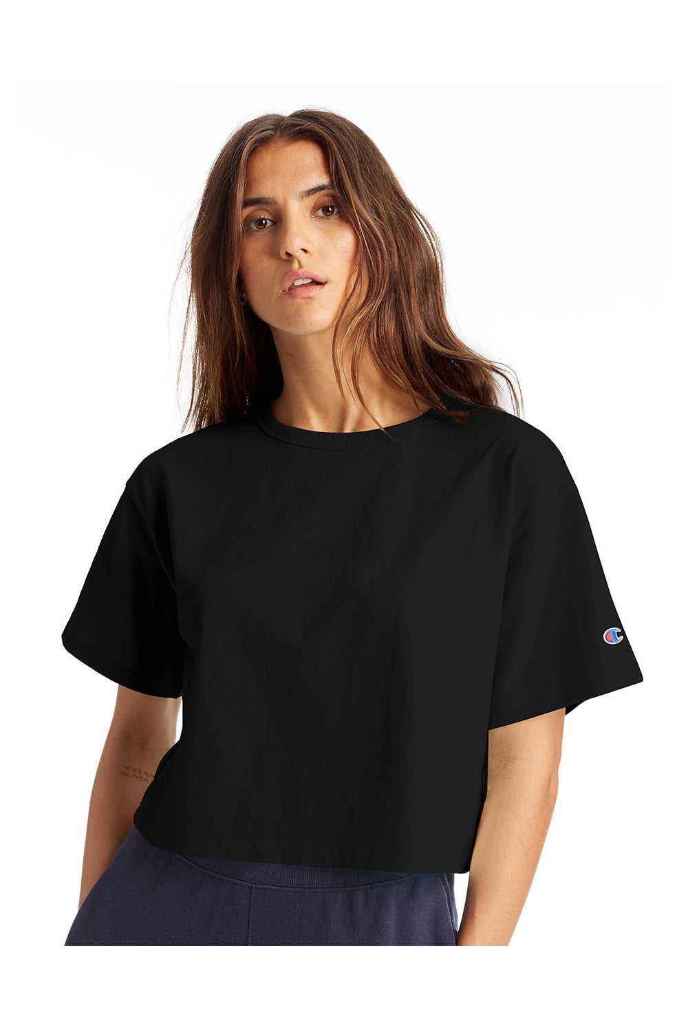 Champion T453W Womens Heritage Cropped Short Sleeve Crewneck T-Shirt Black Model Front