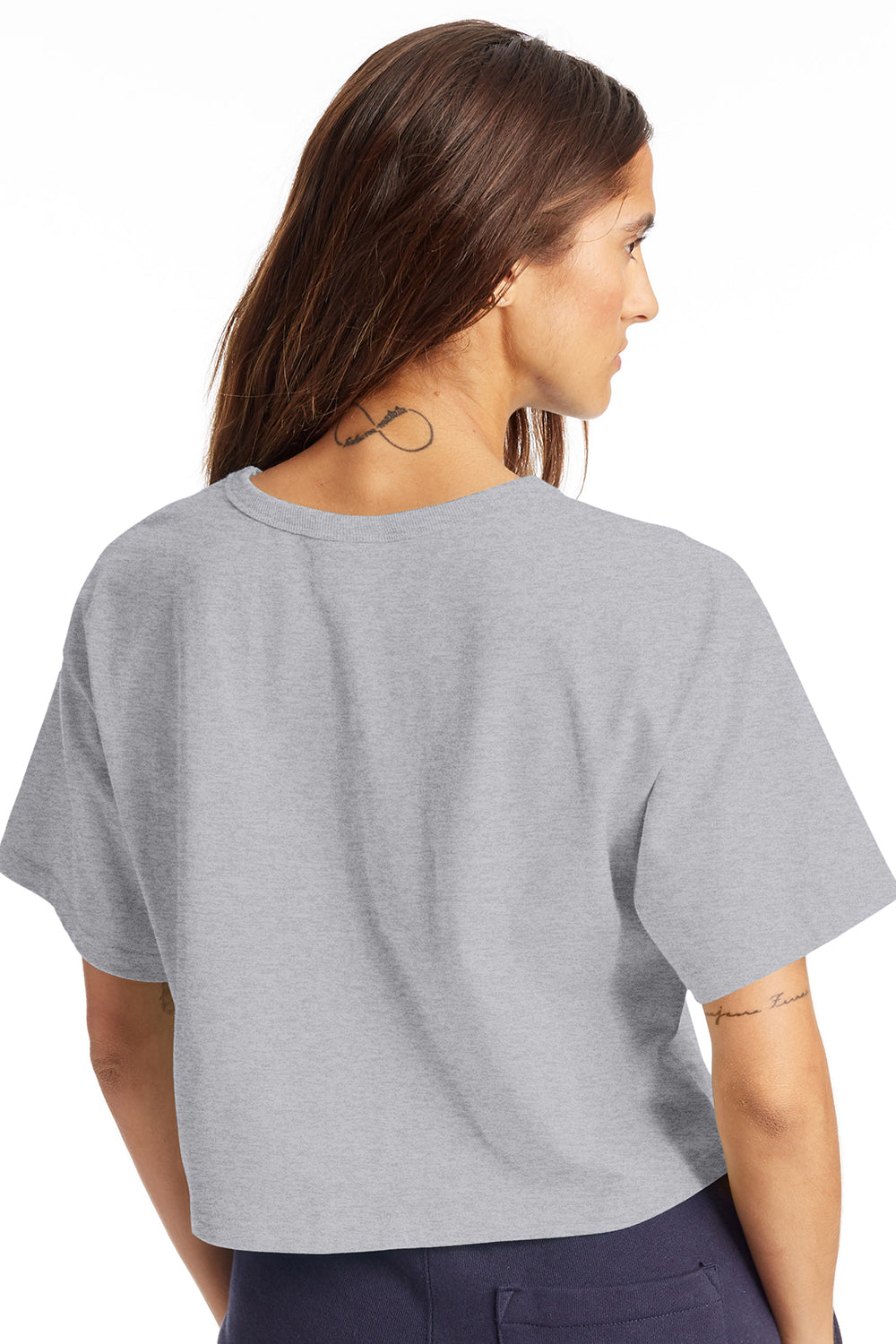 Champion T453W Womens Heritage Cropped Short Sleeve Crewneck T-Shirt Oxford Grey Model Back