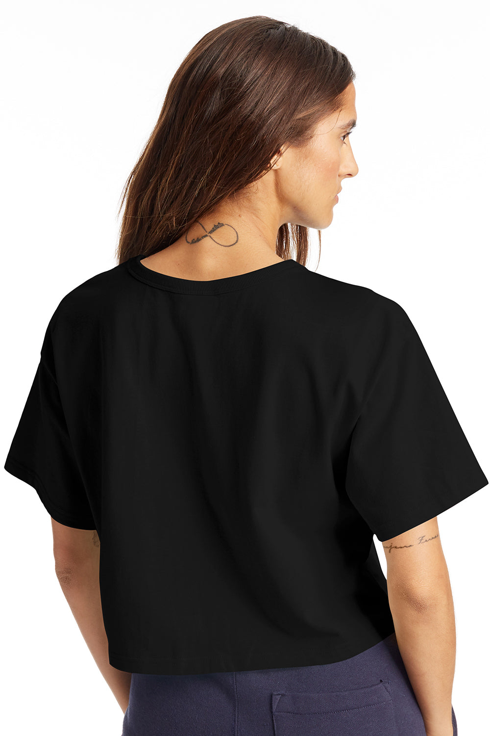 Champion T453W Womens Heritage Cropped Short Sleeve Crewneck T-Shirt Black Model Back