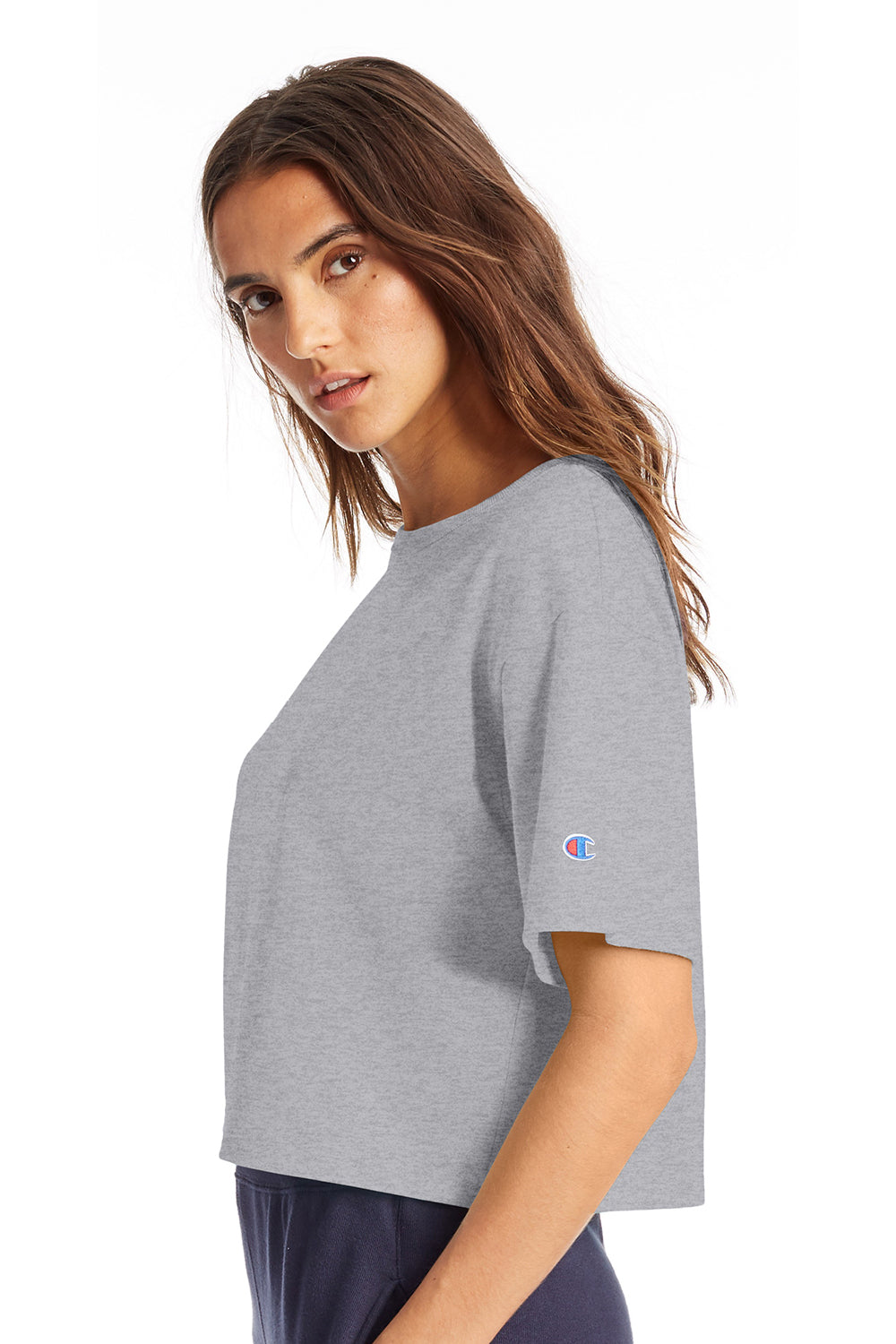 Champion T453W Womens Heritage Cropped Short Sleeve Crewneck T-Shirt Oxford Grey Model Side