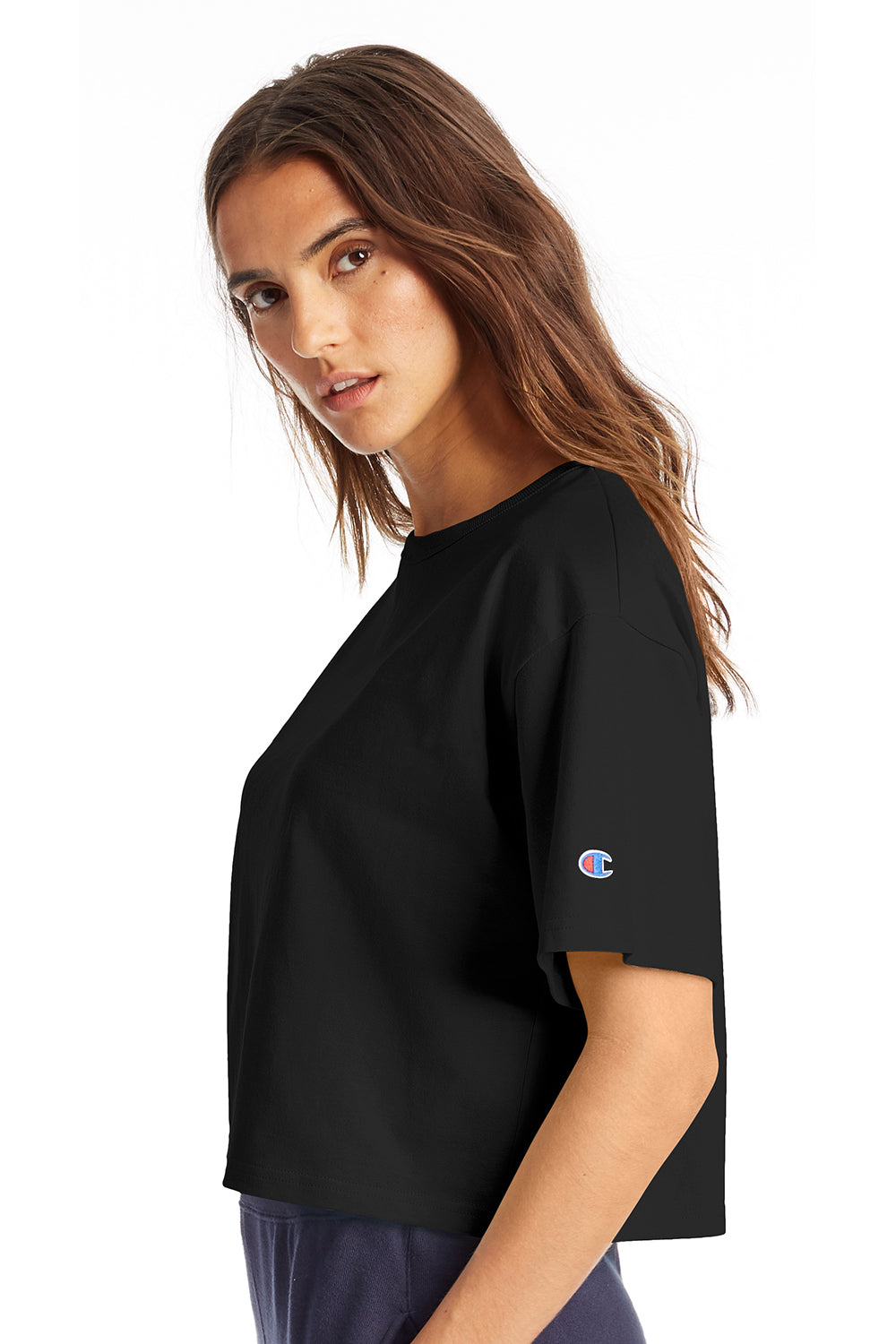 Champion T453W Womens Heritage Cropped Short Sleeve Crewneck T-Shirt Black Model Side