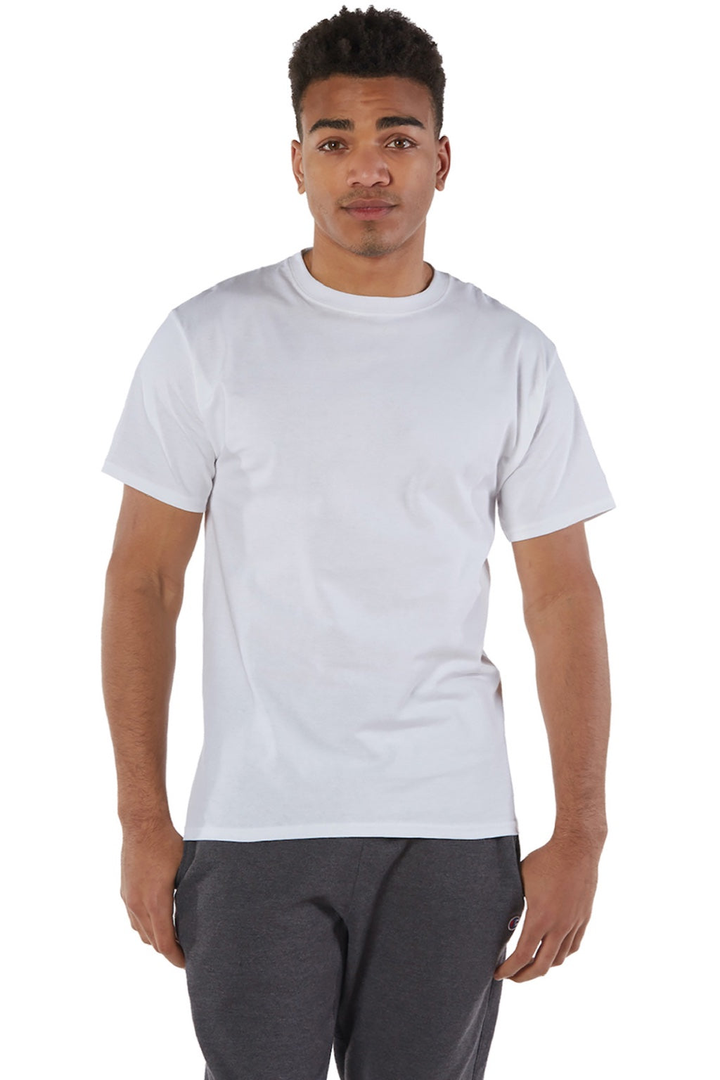 Champion T425 Mens Short Sleeve Crewneck T-Shirt White Model Front