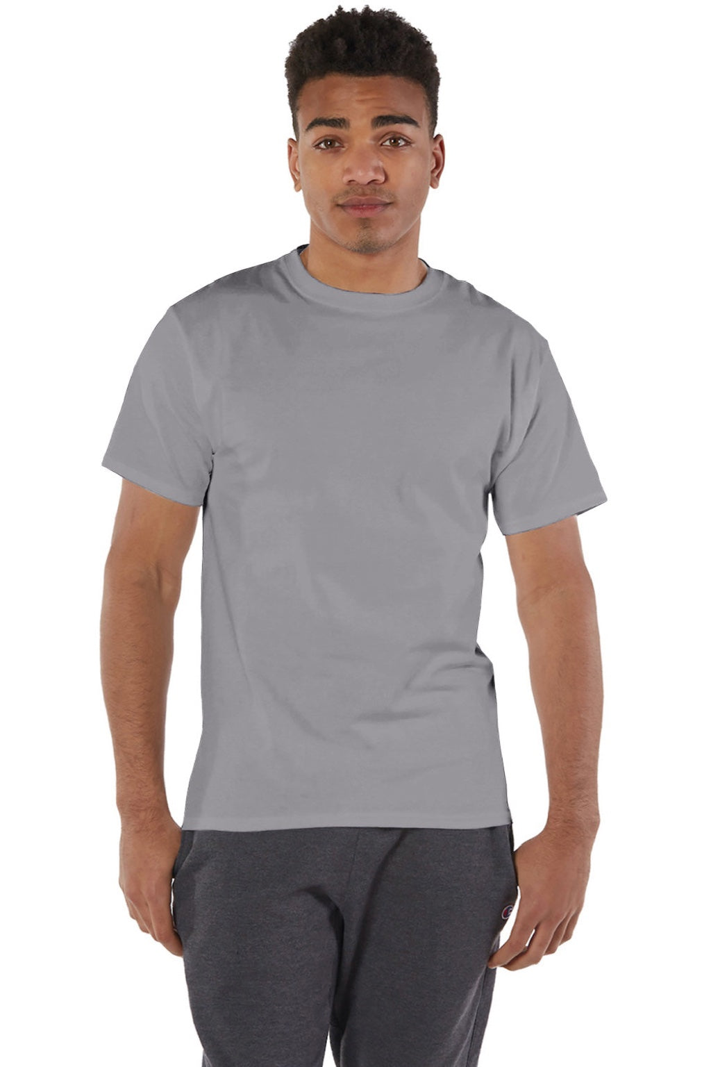 Champion T425 Mens Short Sleeve Crewneck T-Shirt Stone Grey Model Front