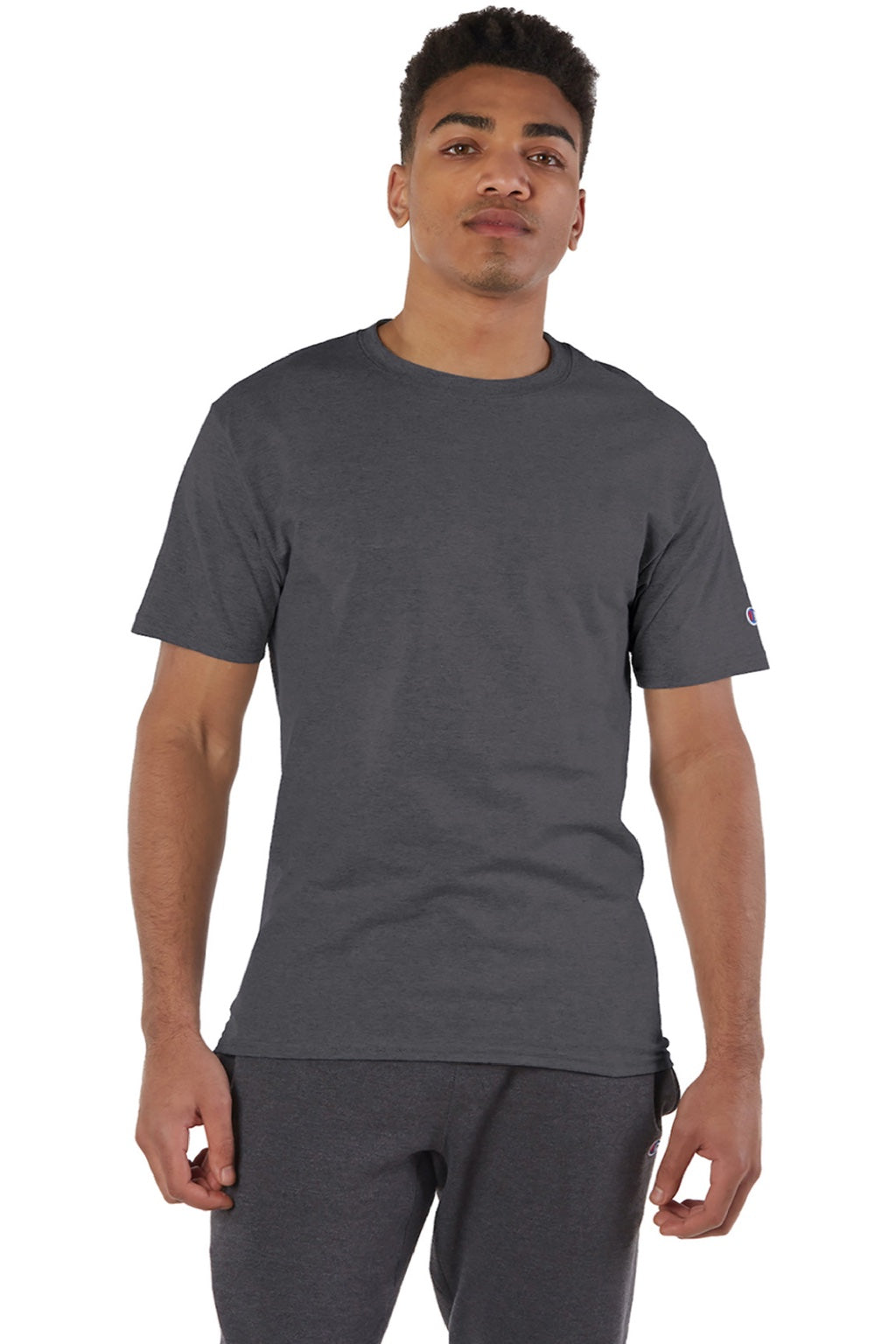 Champion T425 Mens Short Sleeve Crewneck T-Shirt Heather Charcoal Grey Model Front