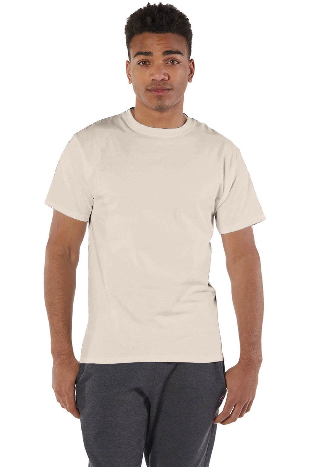 Champion T425 Mens Short Sleeve Crewneck T-Shirt Sand Model Front