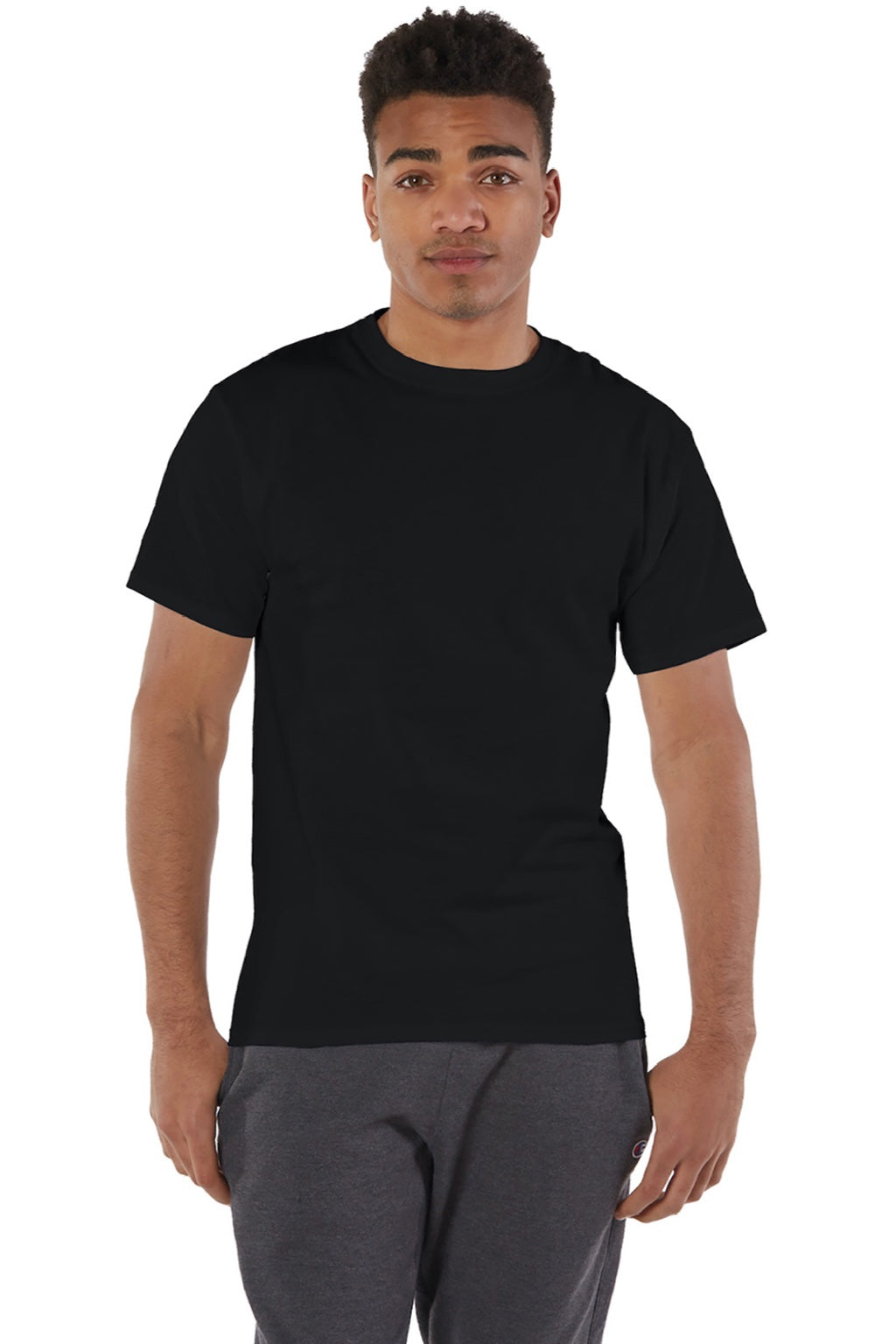 Champion T425 Mens Short Sleeve Crewneck T-Shirt Black Model Front