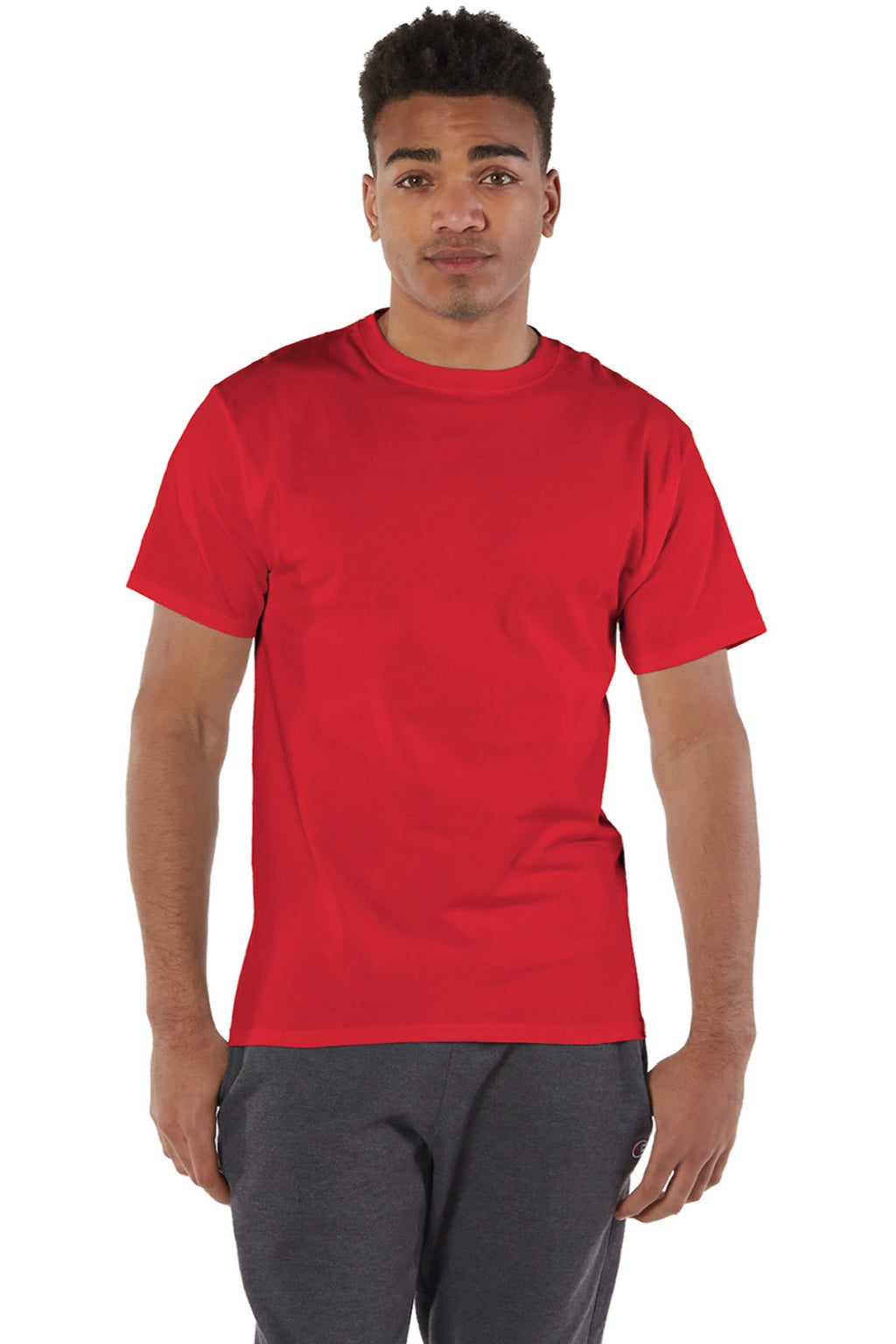 Champion T425 Mens Short Sleeve Crewneck T-Shirt Red Model Front