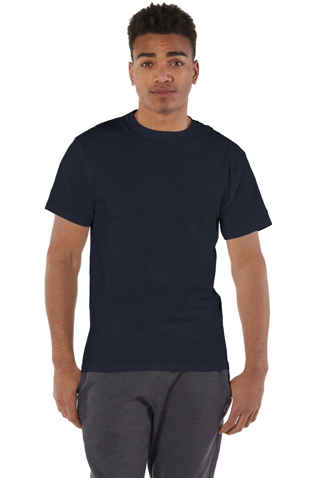 Champion T425 Mens Short Sleeve Crewneck T-Shirt Navy Blue Model Front