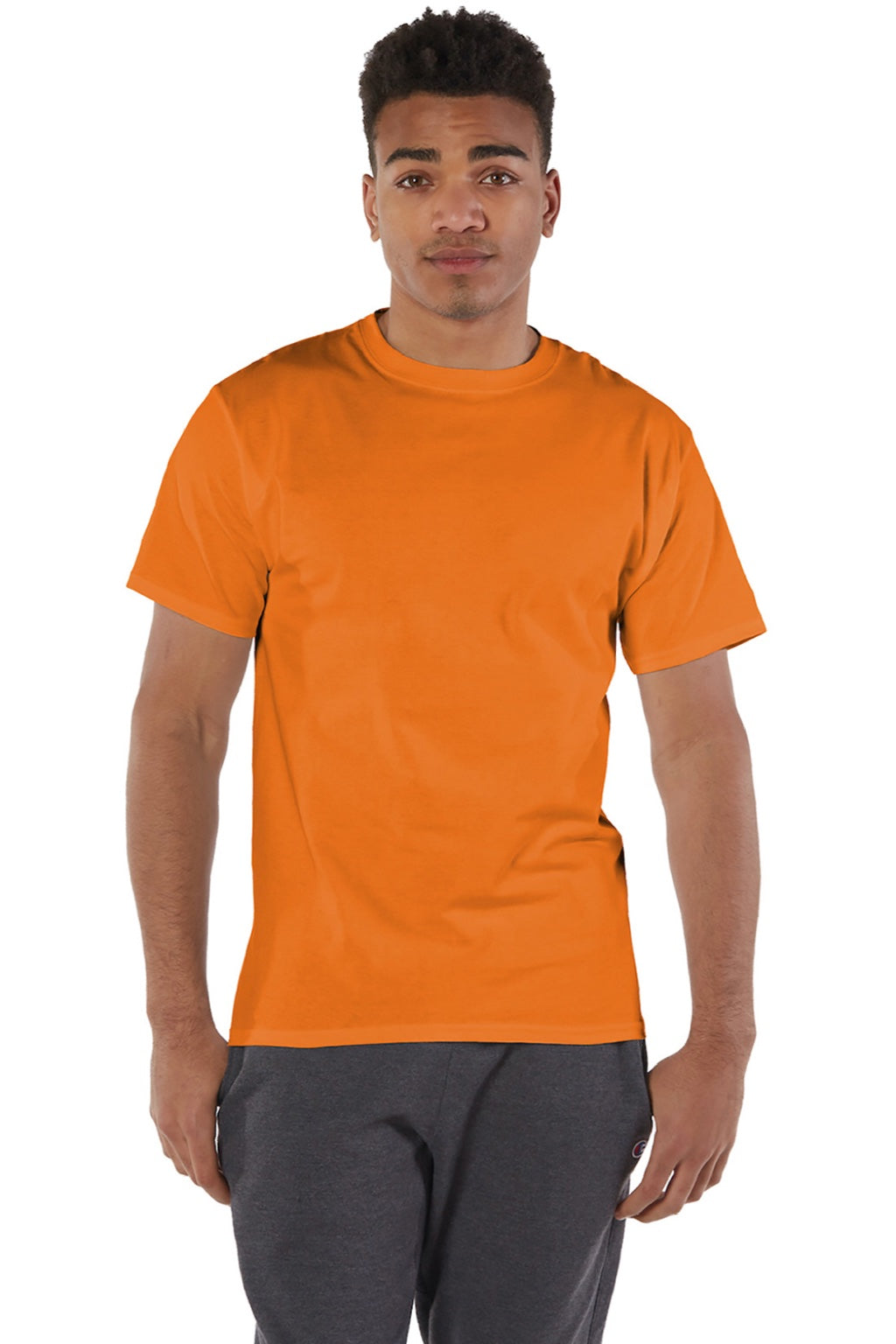 Champion T425 Mens Short Sleeve Crewneck T-Shirt Orange Model Front