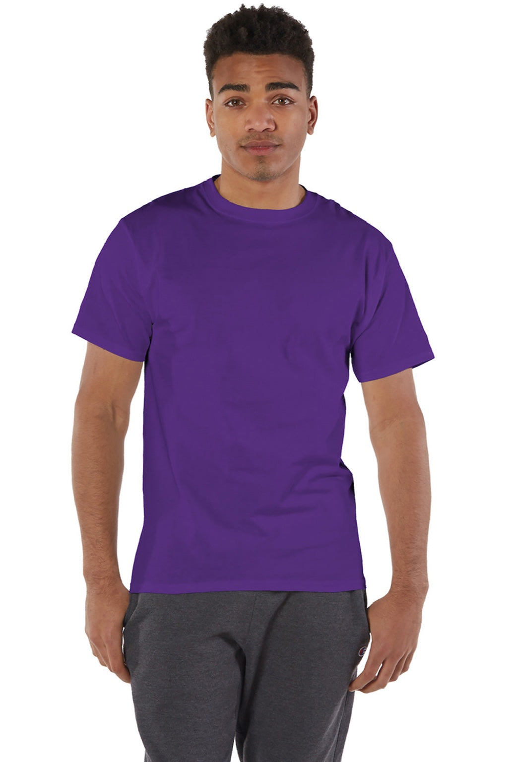 Champion T425 Mens Short Sleeve Crewneck T-Shirt Purple Model Front