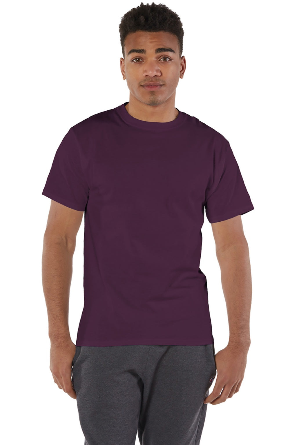 Champion T425 Mens Short Sleeve Crewneck T-Shirt Maroon Model Front