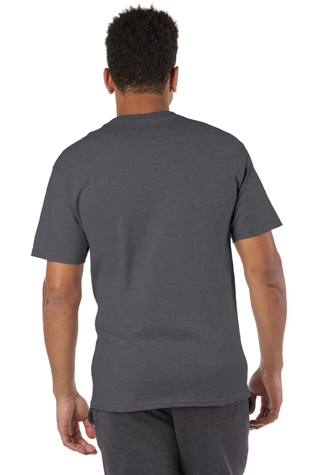 Champion T425 Mens Short Sleeve Crewneck T-Shirt Heather Charcoal Grey Model Back