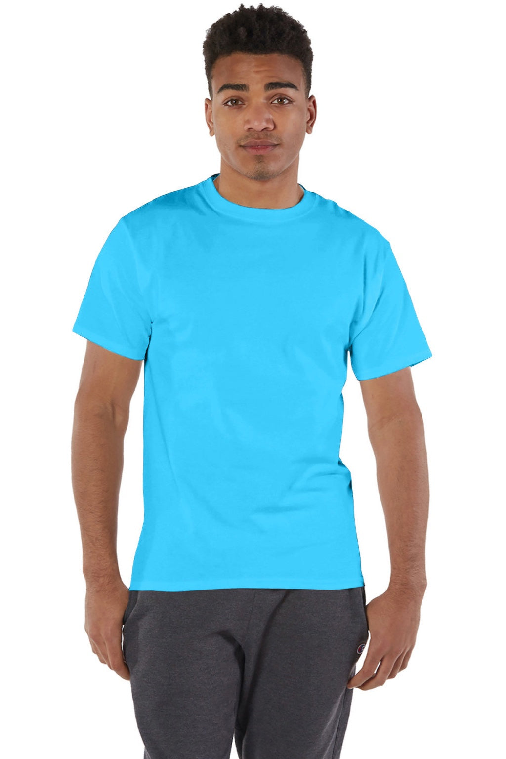 Champion T425 Mens Short Sleeve Crewneck T-Shirt Lagoon Blue Model Front