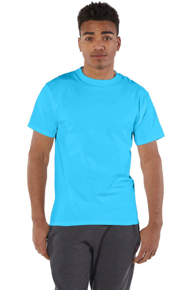 Champion T425 Mens Short Sleeve Crewneck T-Shirt Lagoon Blue Model Front