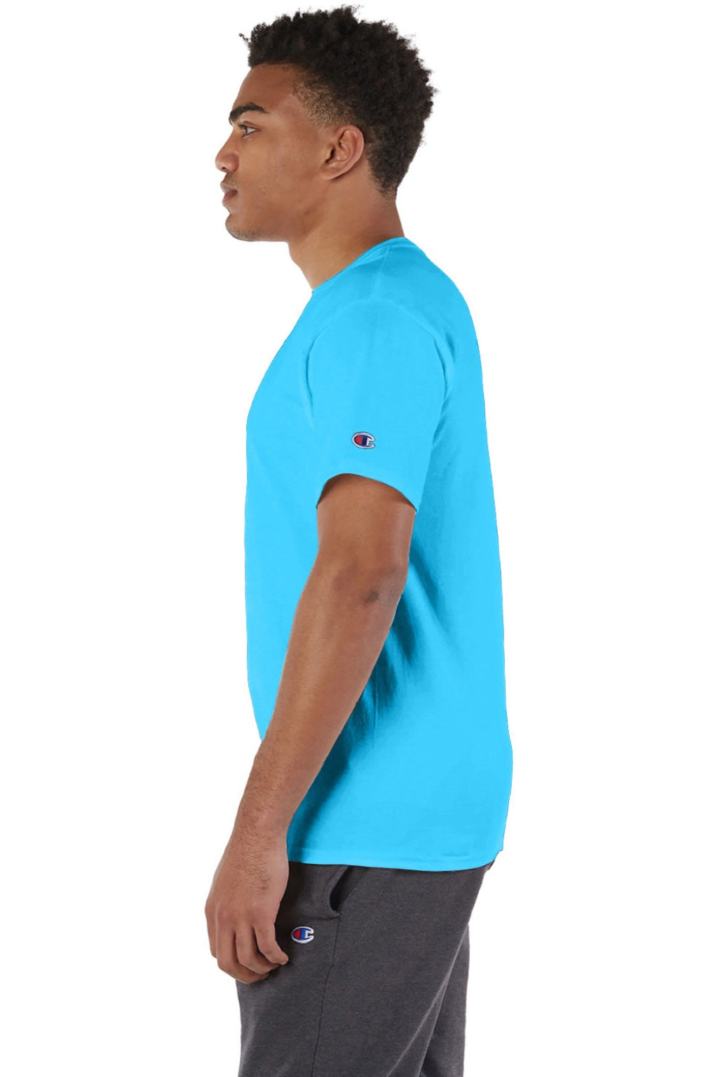 Champion T425 Mens Short Sleeve Crewneck T-Shirt Lagoon Blue Model Side