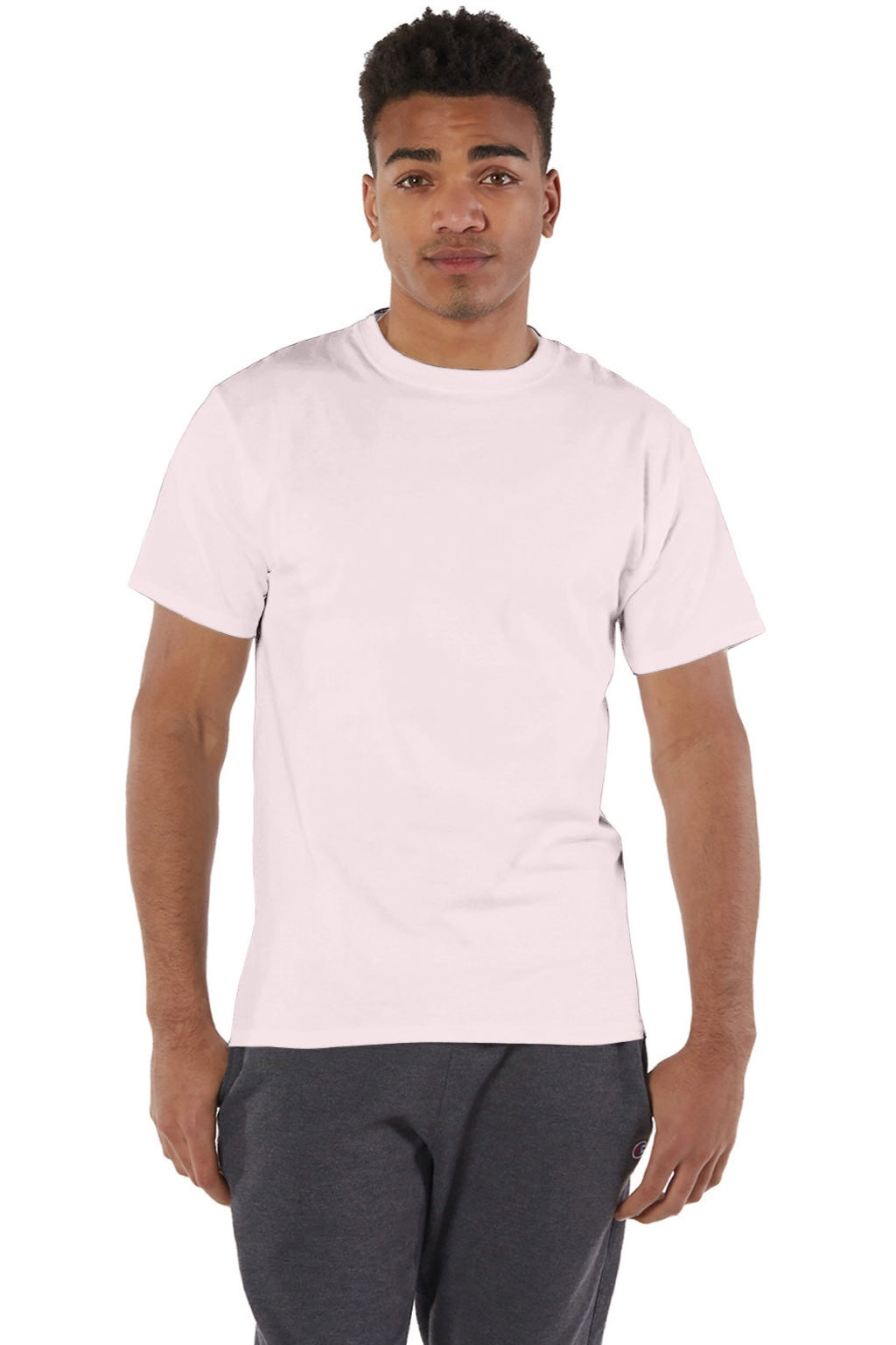 Champion T425 Mens Short Sleeve Crewneck T-Shirt Body Blush Pink Model Front
