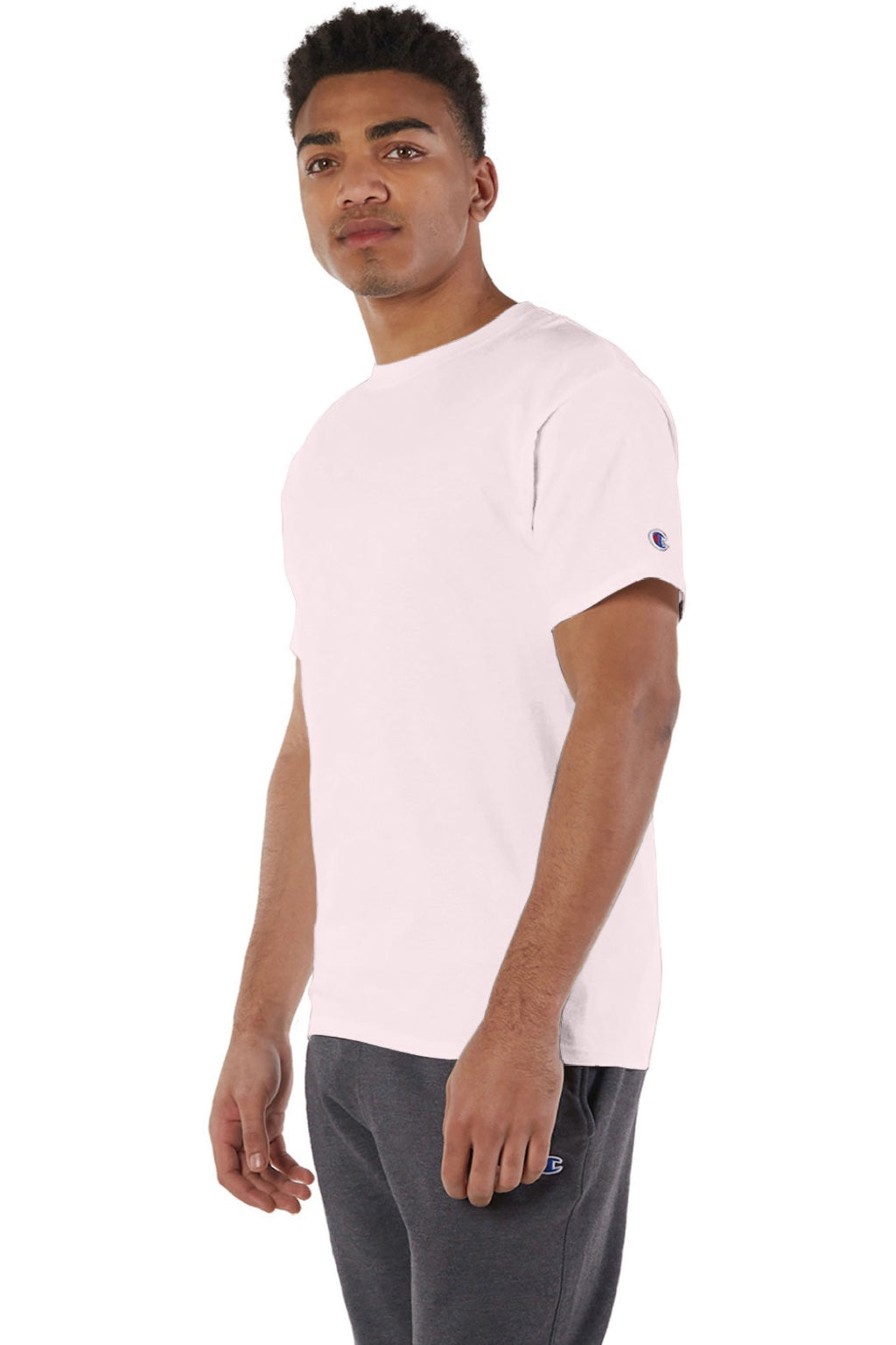 Champion T425 Mens Short Sleeve Crewneck T-Shirt Body Blush Pink Model 3q
