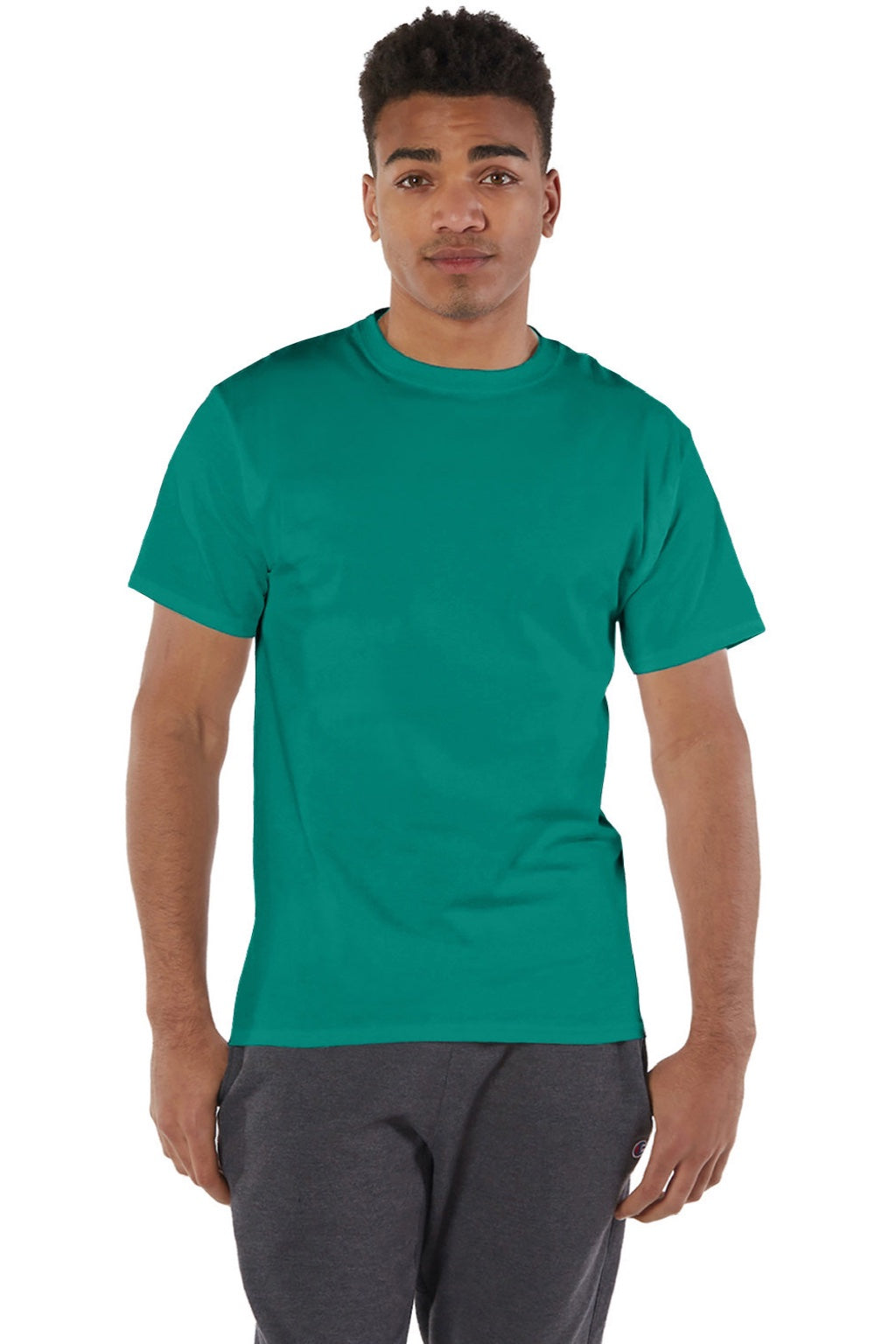 Champion T425 Mens Short Sleeve Crewneck T-Shirt Emerald Green Model Front
