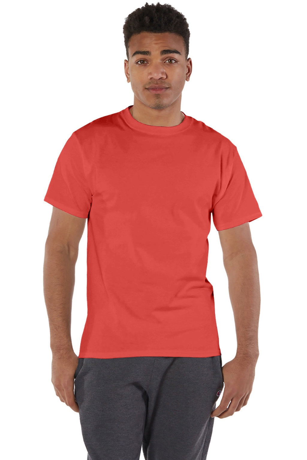 Champion T425 Mens Short Sleeve Crewneck T-Shirt Red River Clay Model Front