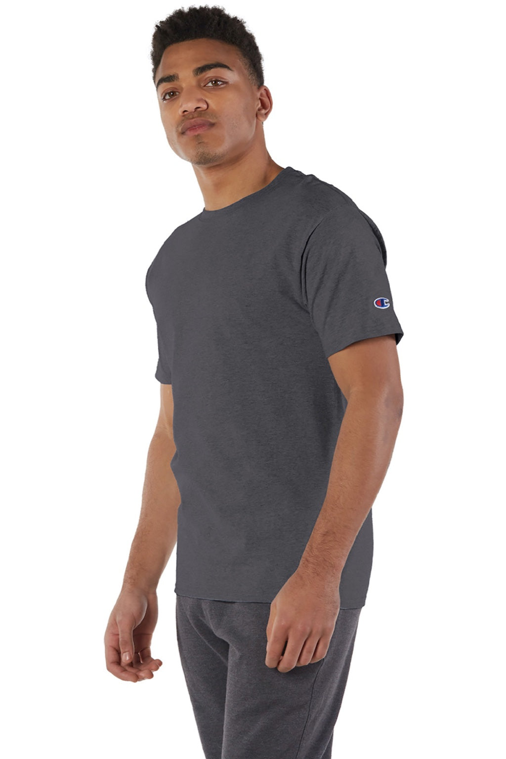 Champion T425 Mens Short Sleeve Crewneck T-Shirt Heather Charcoal Grey Model 3q