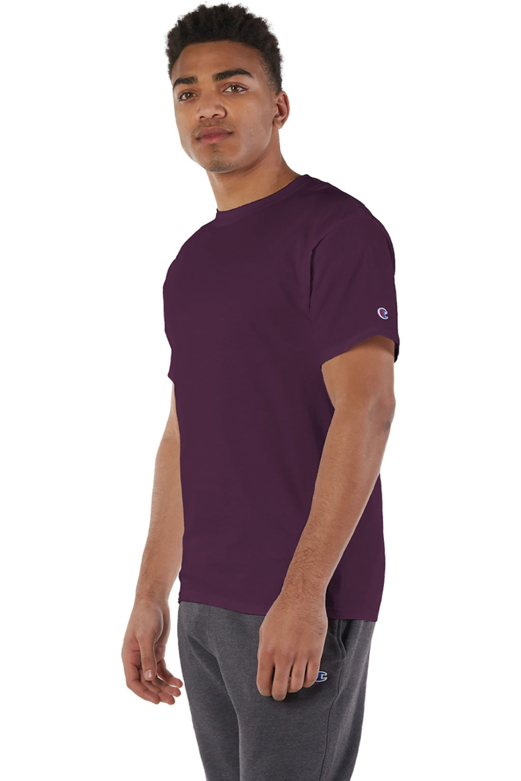 Champion T425 Mens Short Sleeve Crewneck T-Shirt Maroon Model 3q