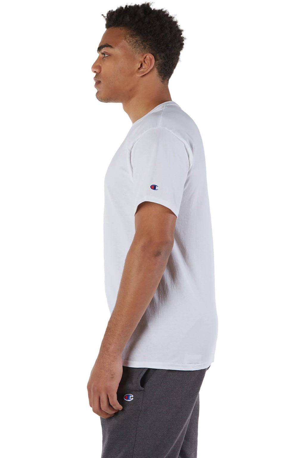 Champion T425 Mens Short Sleeve Crewneck T-Shirt White Model Side