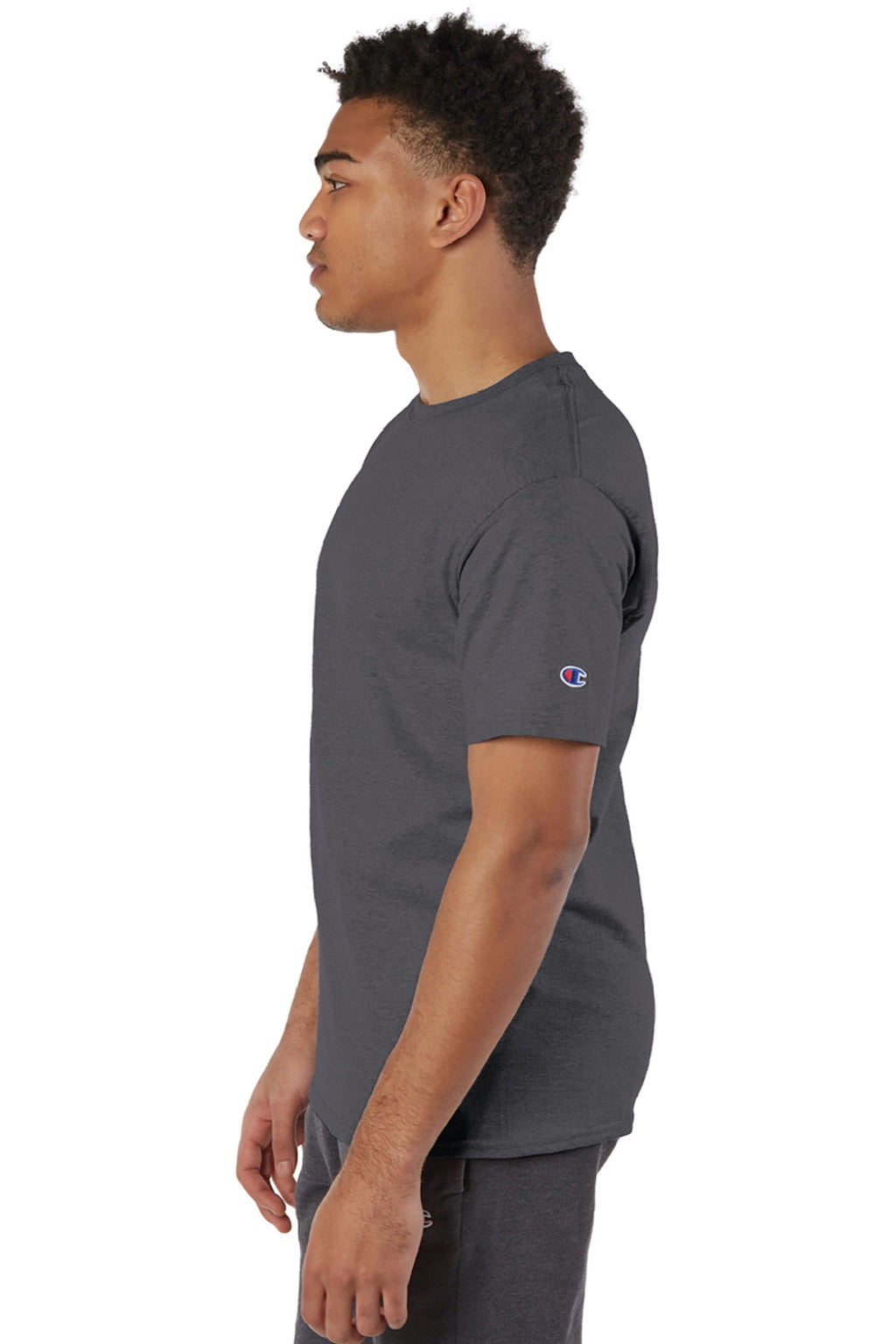 Champion T425 Mens Short Sleeve Crewneck T-Shirt Heather Charcoal Grey Model Side