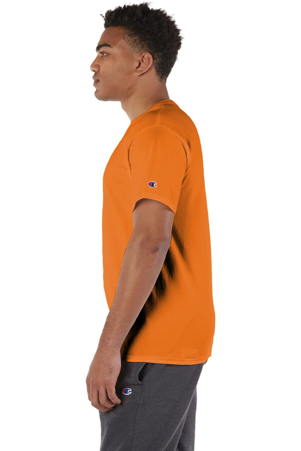 Champion T425 Mens Short Sleeve Crewneck T-Shirt Orange Model Side