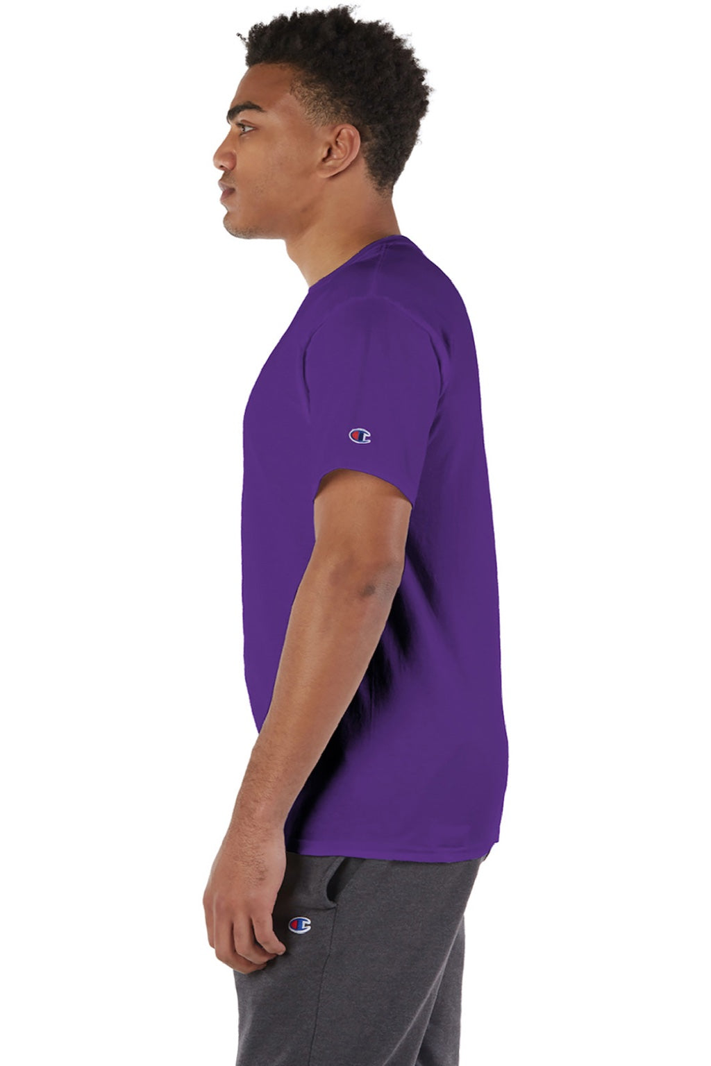 Champion T425 Mens Short Sleeve Crewneck T-Shirt Purple Model Side