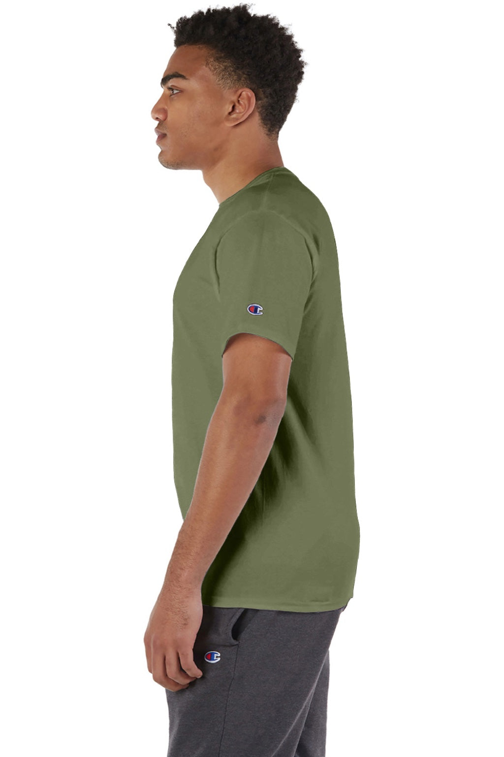 Champion T425 Mens Short Sleeve Crewneck T-Shirt Fresh Olive Green Model Side