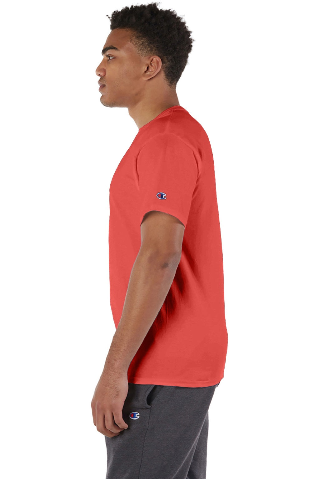 Champion T425 Mens Short Sleeve Crewneck T-Shirt Red River Clay Model Side