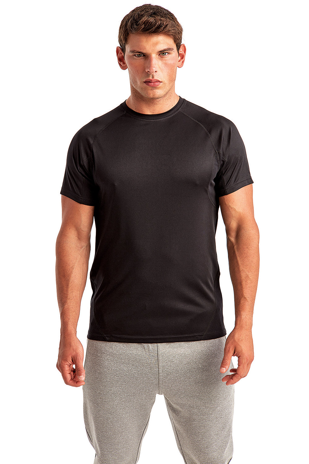 TriDri TD011 Mens Paneled Tech Moisture Wicking Short Sleeve Crewneck T-Shirt Black Model Front