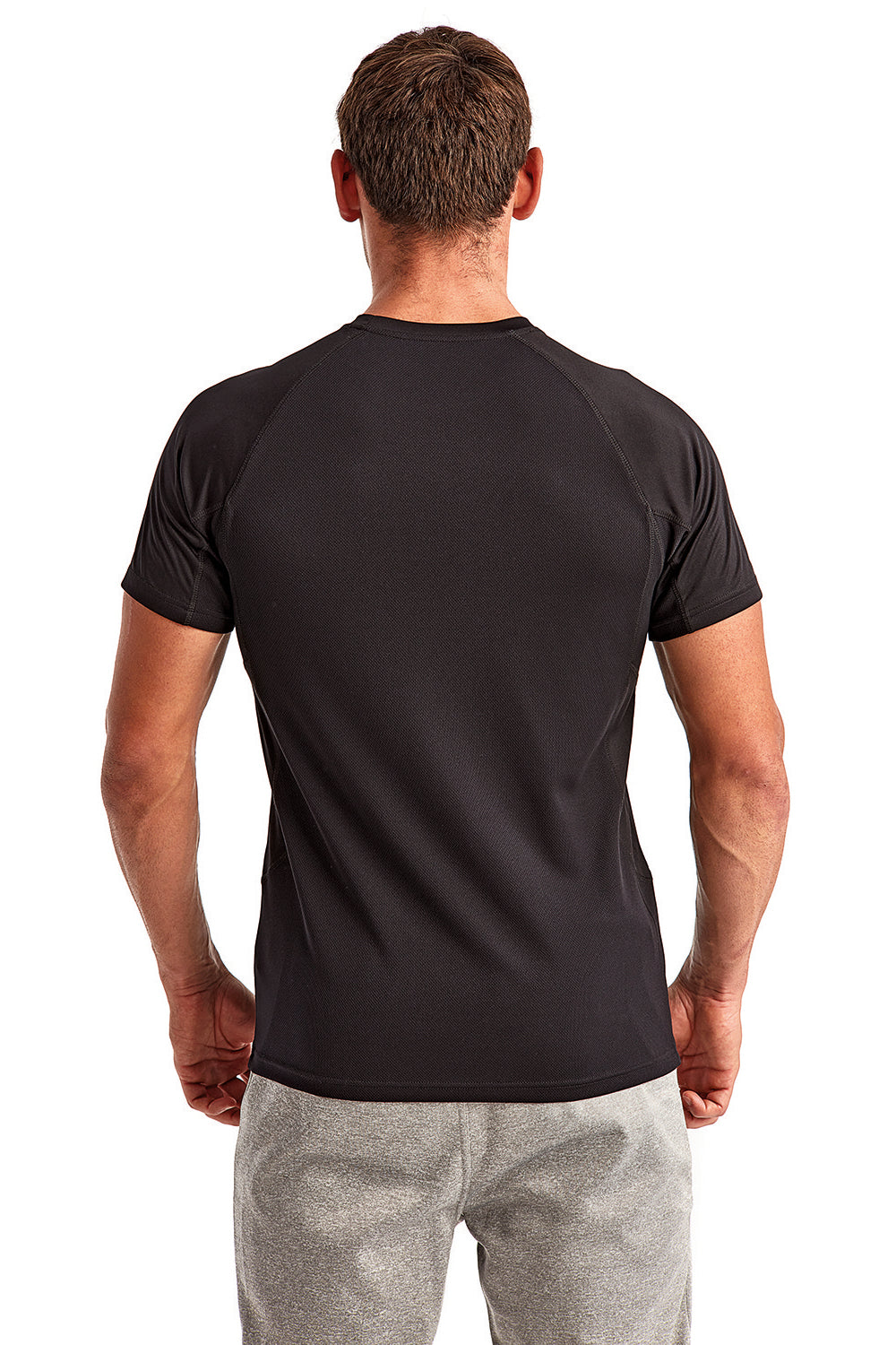 TriDri TD011 Mens Paneled Tech Moisture Wicking Short Sleeve Crewneck T-Shirt Black Model Back