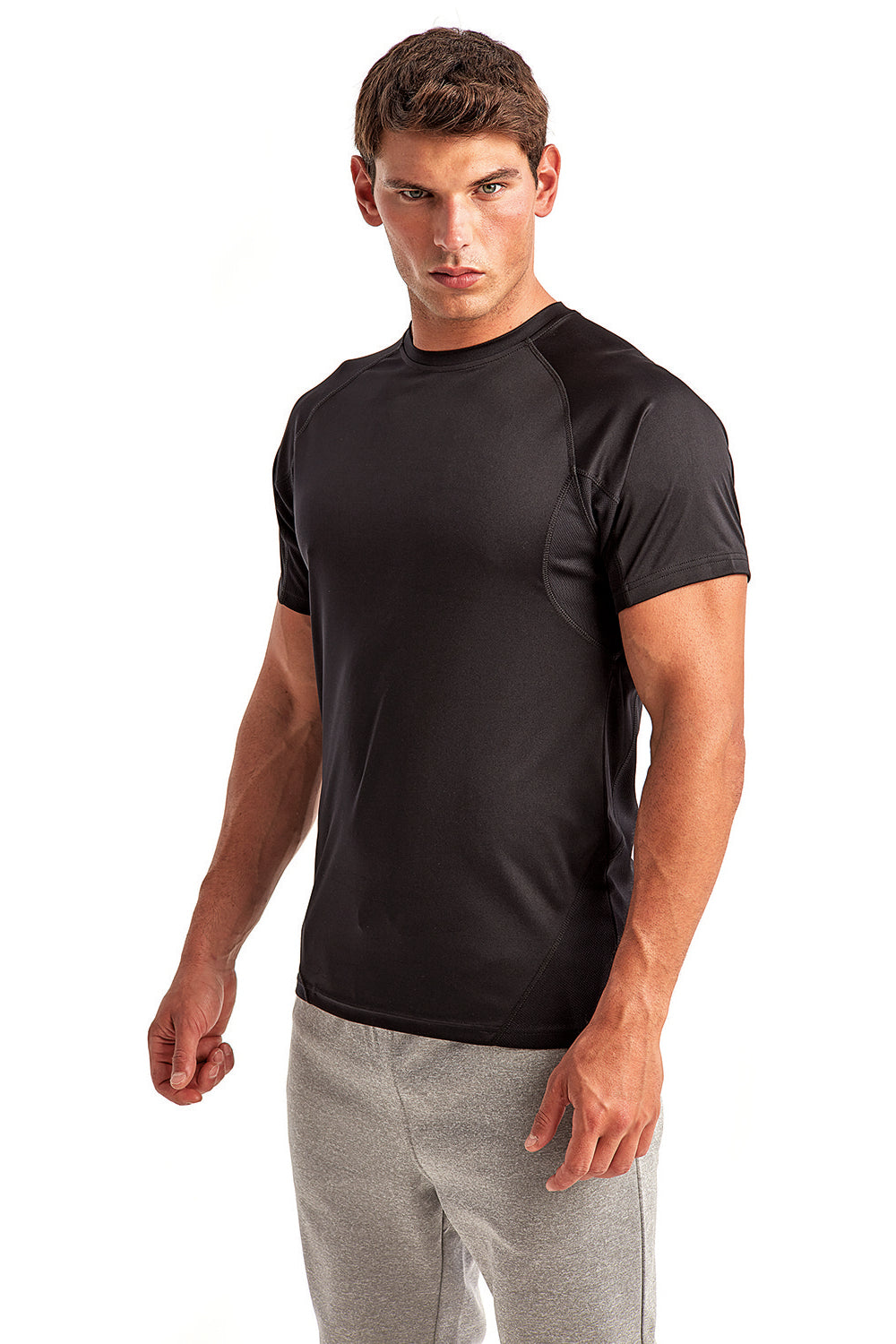 TriDri TD011 Mens Paneled Tech Moisture Wicking Short Sleeve Crewneck T-Shirt Black Model 3q