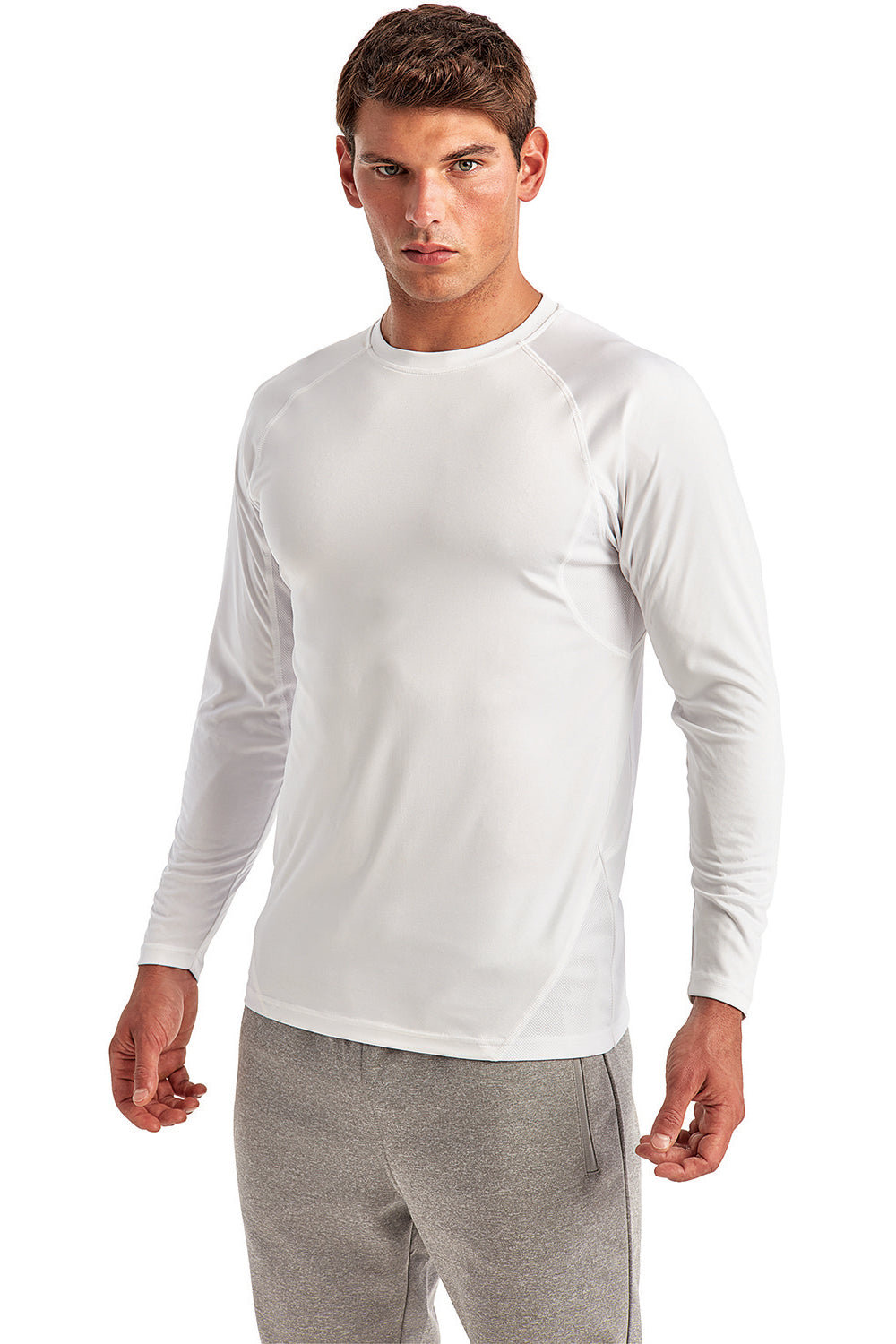 TriDri TD050 Mens Paneled Tech Moisture Wicking Long Sleeve Crewneck T-Shirt White Model 3q