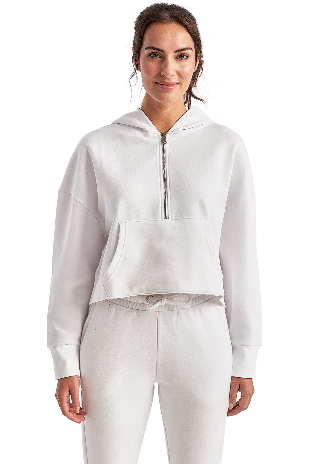 TriDri TD077 Womens Alice 1/4 Zip Hooded Sweatshirt Hoodie w/ Pouch Pocket White Model Front