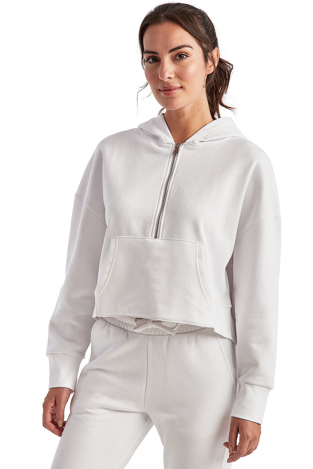 TriDri TD077 Womens Alice 1/4 Zip Hooded Sweatshirt Hoodie w/ Pouch Pocket White Model 3q