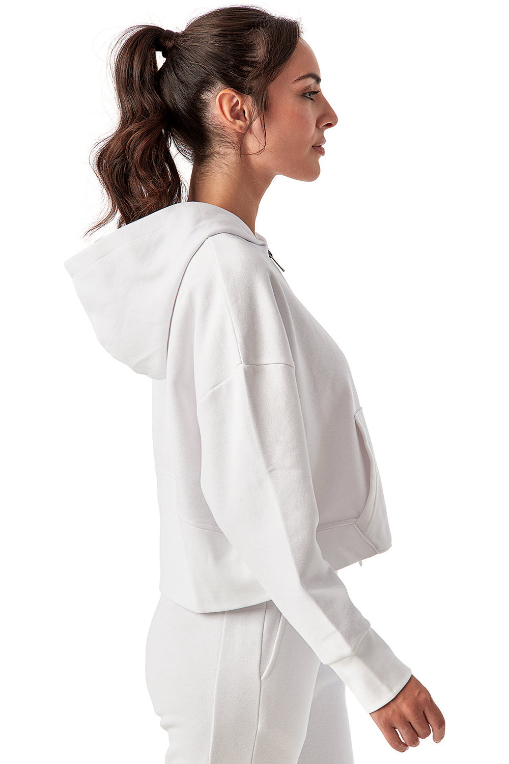 TriDri TD077 Womens Alice 1/4 Zip Hooded Sweatshirt Hoodie w/ Pouch Pocket White Model Side