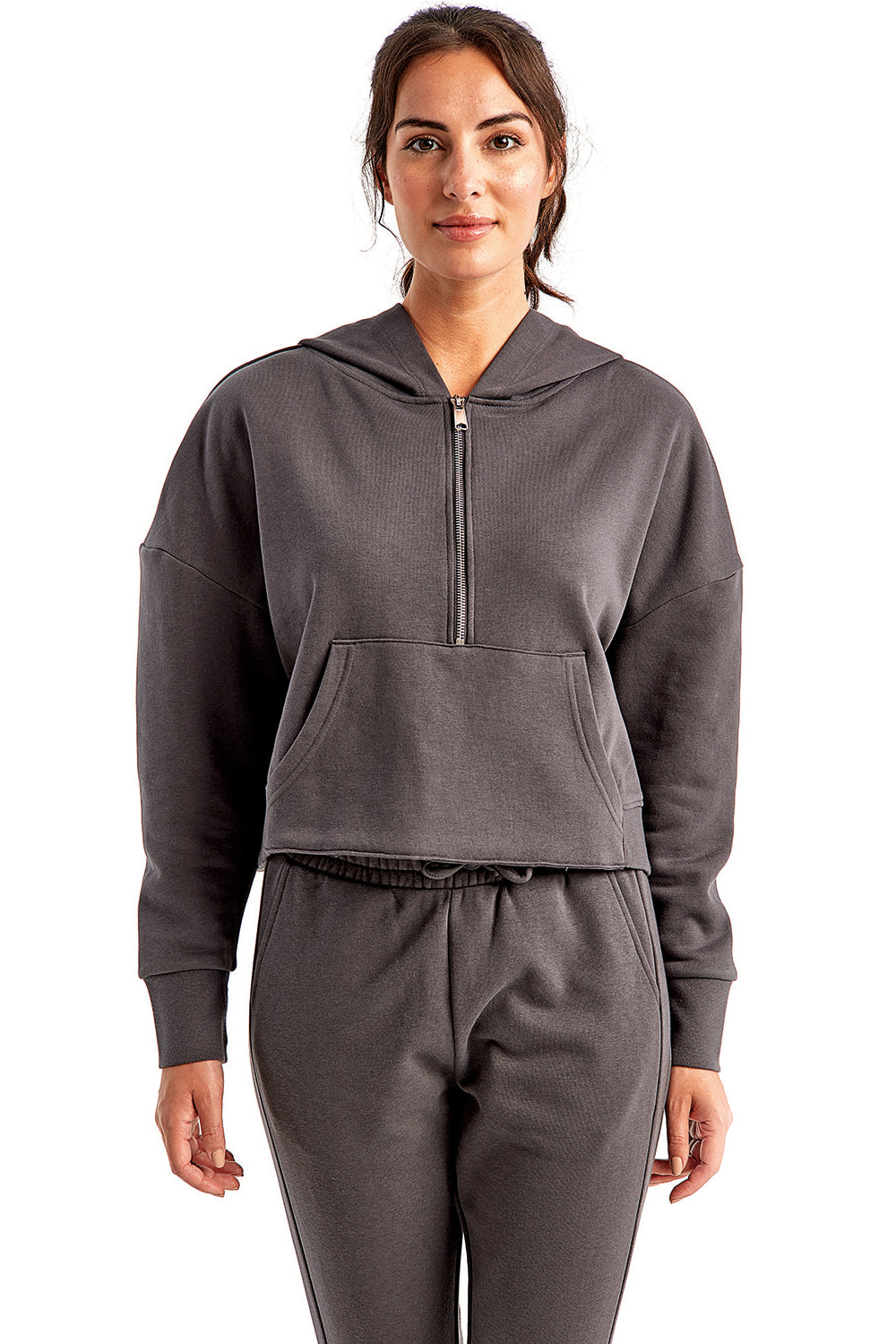 TriDri TD077 Womens Alice 1/4 Zip Hooded Sweatshirt Hoodie w/ Pouch Pocket Charcoal Grey Model Front