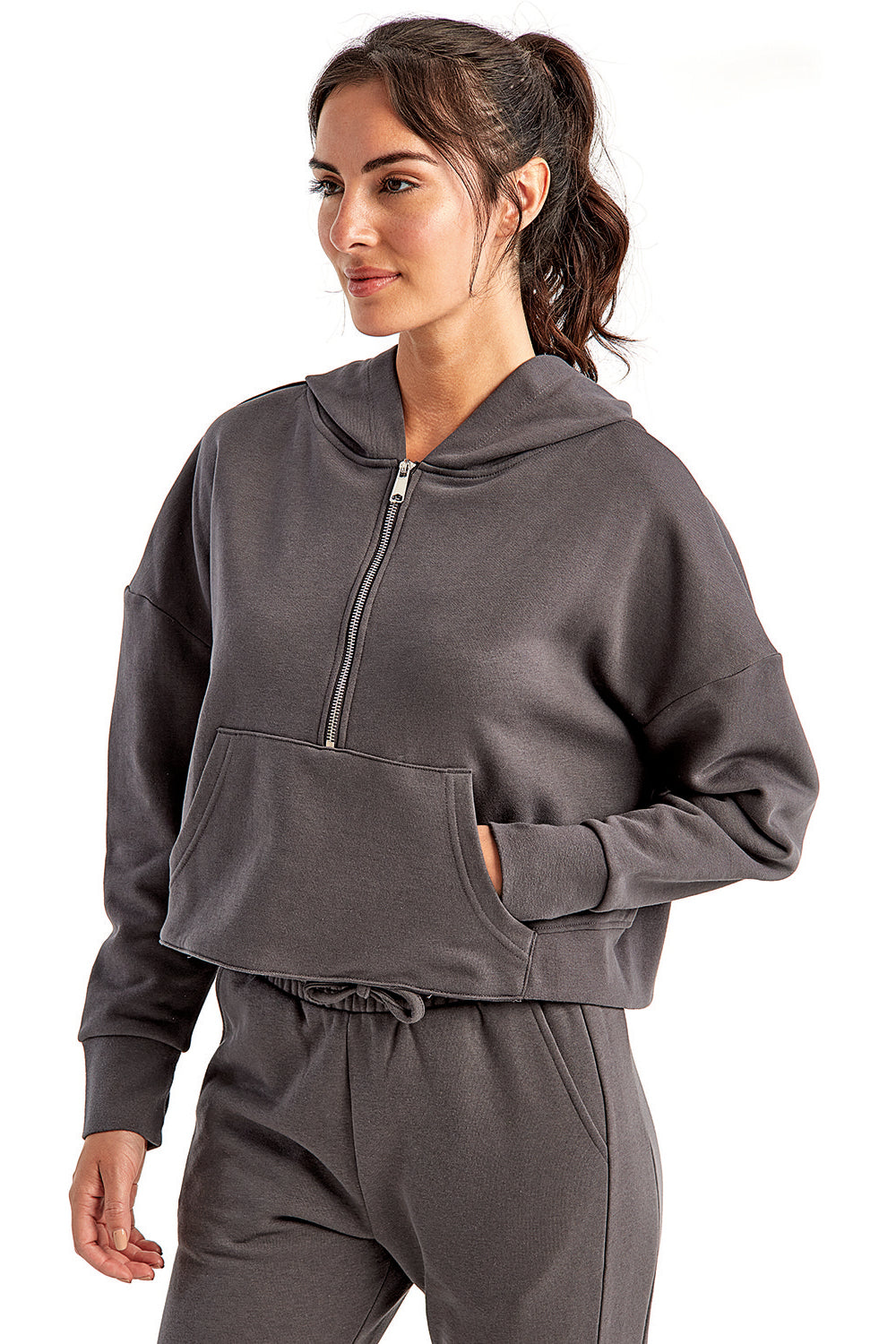 TriDri TD077 Womens Alice 1/4 Zip Hooded Sweatshirt Hoodie w/ Pouch Pocket Charcoal Grey Model 3q